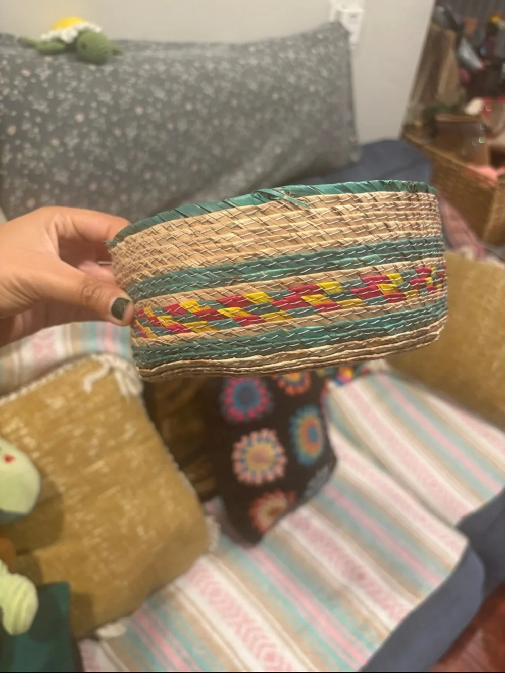 Handwoven Straw Bowl with Turquoise, Pink & Yellow Accents